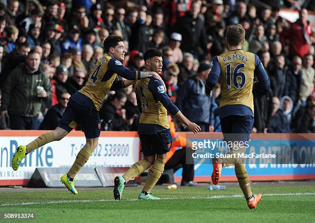 Alex Oxlade-Chamberlain celebrates scoring the 2nd Arsenal goal with Hector Bellerin and Aaron Ramsey during the Barclays Premier League match...