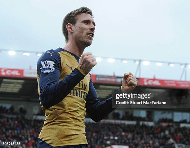 Arsenal's Nacho Monreal celebrates at the final whistle after the Barclays Premier League match between AFC Bournemouth and Arsenal at The Vitality...