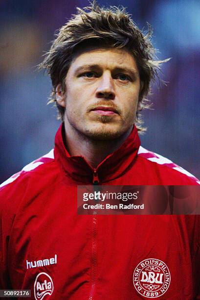 Thomas Helveg of Denmark in the team line up for the national anthems before the international friendly match between Denmark and Scotland at The...