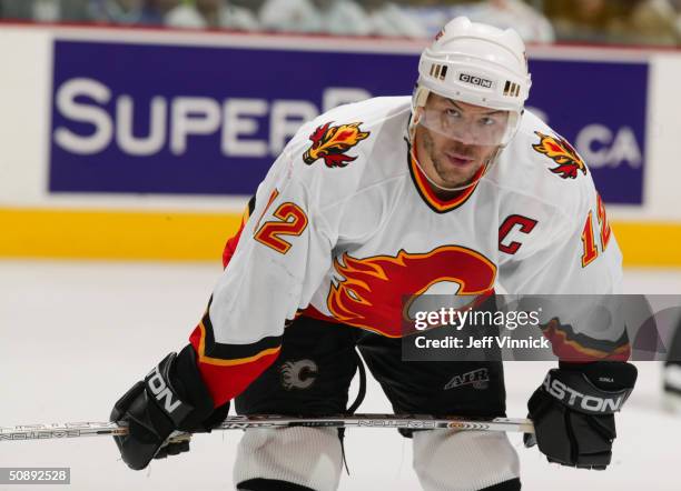 Right wing Jarome Iginla of the Calgary Flames is on the ice for the first round NHL playoff game against the Vancouver Canucks at the General Motors...