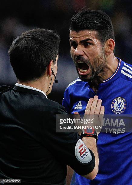 Chelsea's Brazilian-born Spanish striker Diego Costa reacts to a call by a line judge during the English Premier League football match between...