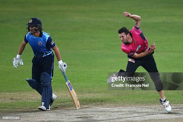 Ian Butler of Libra Legends bowls during the Oxigen Masters Champions League match between the Libra Legends and Leo Lions on February 7, 2016 in...