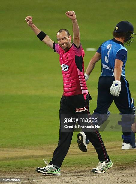 Andy McKay of Libra Legends celebrates the wicket of Hamish Marshall of Leo Lions during the Oxigen Masters Champions League match between the Libra...
