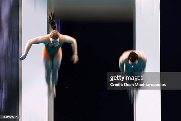 Silke Kerkhofs and Bjorn Claes of Belgium compete in the Synchro Mixed Platform Final during the Senet Diving Cup held at Pieter van den Hoogenband...