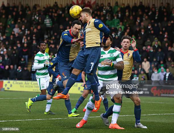 Craig Hastings of East Kilbride clears with a header during the William Hill Scottish Cup Fifth Round match between East Kilbride and Celtic at...