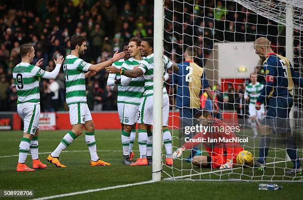 Colin Kazim-Richards of Celtic is congratulated on his goal during the William Hill Scottish Cup Fifth Round match between East Kilbride and Celtic...