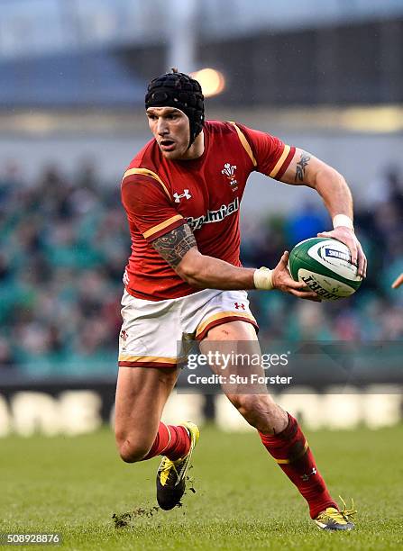 Tom James of Wales in action during the RBS Six Nations match between Ireland and Wales at the Aviva Stadium at Aviva Stadium on February 7, 2016 in...