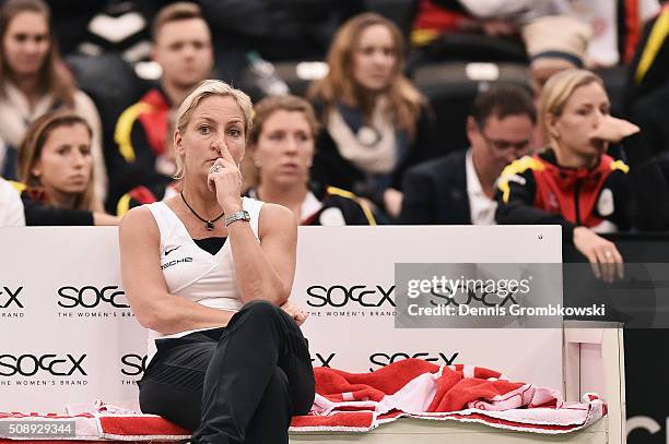 Team captain Barbara Rittner of Germany looks dejected on Day 2 of the 2016 FedCup World Group Round 1 match between Germany and Switzerland at Messe...