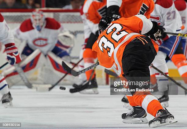 Mark Streit of the Philadelphia Flyers takes a shot on goaltender Mike Condon of the Montreal Canadiens on February 2, 2016 at the Wells Fargo Center...