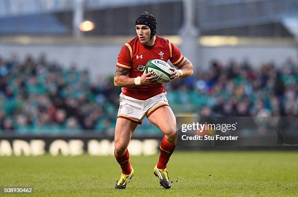 Tom James of Wales in action during the RBS Six Nations match between Ireland and Wales at the Aviva Stadium at Aviva Stadium on February 7, 2016 in...