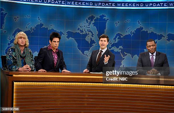 Larry David" Episode 1695 -- Pictured: Owen Wilson as Hansel, Ben Stiller as Derek Zoolander, Colin Jost, and Michael Che during Weekend Update on...