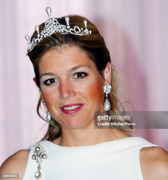 Dutch Princess Maxima smiles during a group photo with visiting Swiss President Joseph Deiss May 24, 2004 in Amsterdam, The Netherlands.