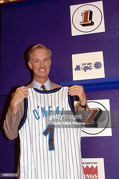 General Manager Pat Williams of the Orlando Magic smiles after receiving the No. 1 pick by winning the draft lottery on May of 1992 and eventually...