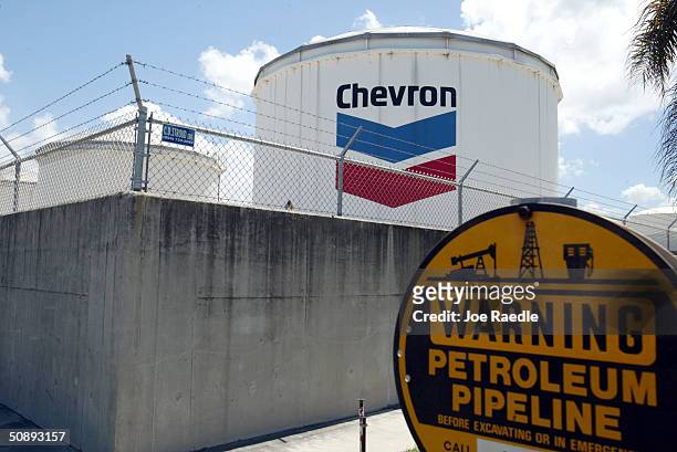 Chevron petroleum storage tank is seen at Port Everglades May 24, 2004 in Fort Lauderdale, Florida. The port is a major petroleum storage and...