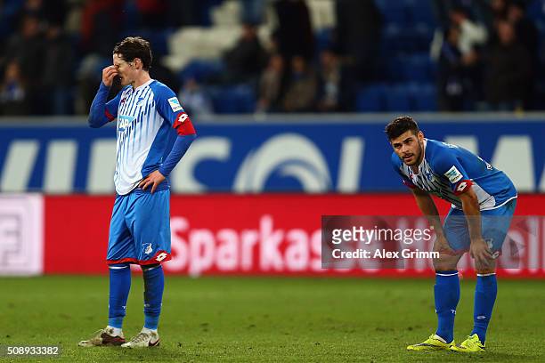 Kevin Volland and Sebastian Rudy of Hoffenheim react after the Bundesliga match between 1899 Hoffenheim and SV Darmstadt 98 at Wirsol...