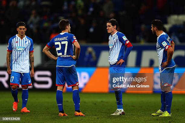 Kevin Volland, Sebastian Rudy, Andrej Kramaric and Steven Zuber of Hoffenheim react after the Bundesliga match between 1899 Hoffenheim and SV...