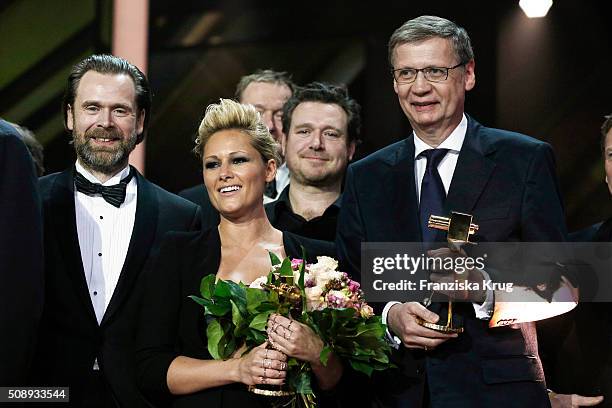 Matthias Matschke, Helene Fischer and Guenther Jauch attend the Goldene Kamera 2016 show on February 6, 2016 in Hamburg, Germany.