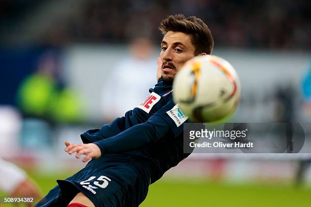 Filip Mladenovic of Koeln in action during the First Bundesliga match between Hamburger SV and 1. FC Koeln at Volksparkstadion on February 7, 2016 in...