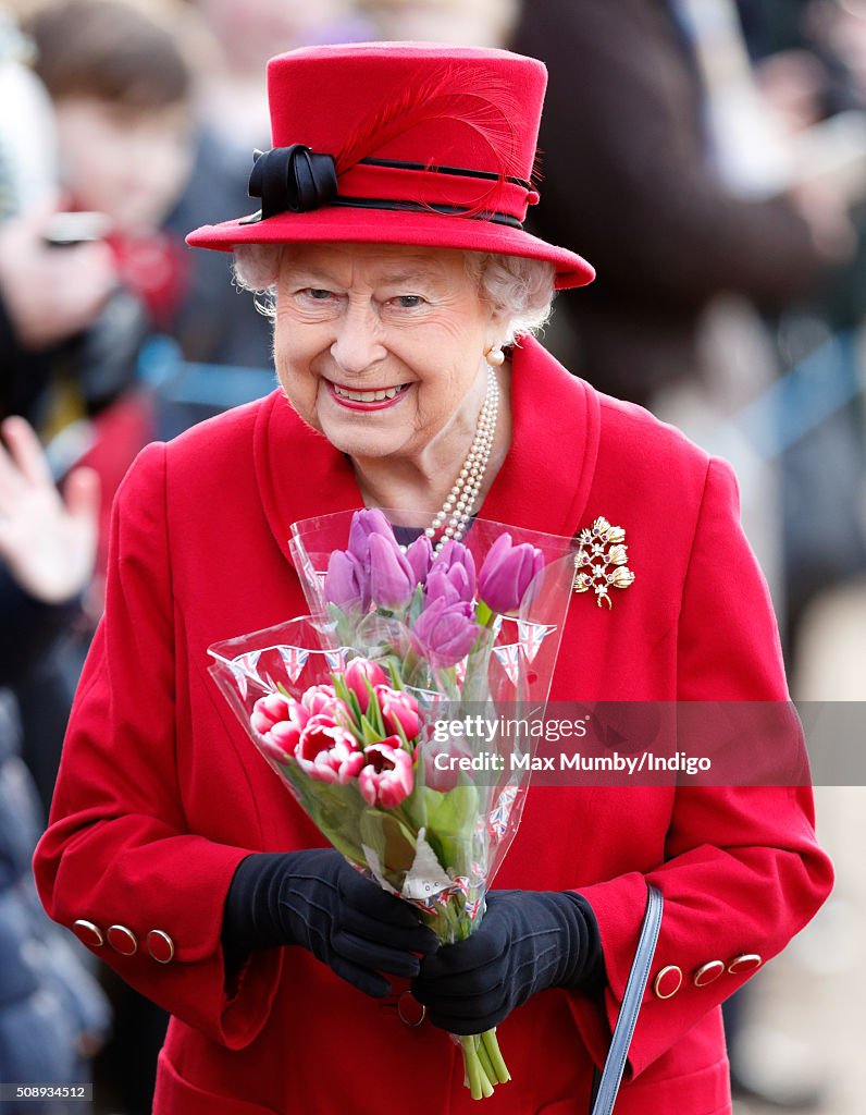 Queen Elizabeth II And The Duke Of Edinburgh Attend Sunday Service In West Newton