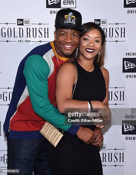 Player Jameis Winston and Breion Allen attend the New Era Super Bowl party at The Battery on February 6, 2016 in San Francisco, California.