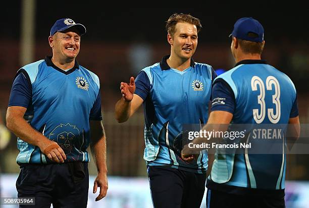 Kyle Jarvis of Leo Lions celebrates the wicket of Ryan ten Doeschate of Libra Legends with team-mate Heath Streak during the Oxigen Masters Champions...