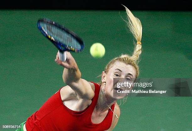 Olga Govortsova of Belarus returns a shot to Francoise Abanda of Canada during their Fed Cup BNP Paribas match at Laval University in Quebec City on...