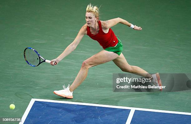 Olga Govortsova of Belarus returns a shot to Francoise Abanda of Canada during their Fed Cup BNP Paribas match at Laval University in Quebec City on...