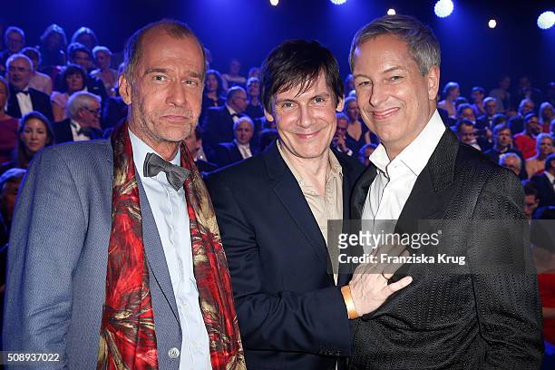 Georg Uecker, Wolfgang Macht and Thomas Hermanns attend the Goldene Kamera 2016 show on February 6, 2016 in Hamburg, Germany.