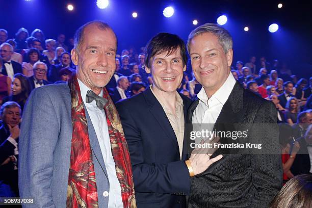 Georg Uecker, Wolfgang Macht and Thomas Hermanns attend the Goldene Kamera 2016 show on February 6, 2016 in Hamburg, Germany.