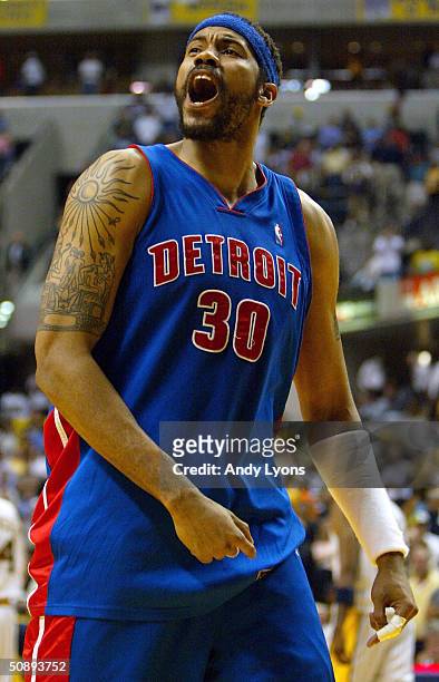 Rasheed Wallace of the Detroit Pistons yells after defeating the Indiana Pacers 72-67 in Game two of the Eastern Conference Finals during the 2004...