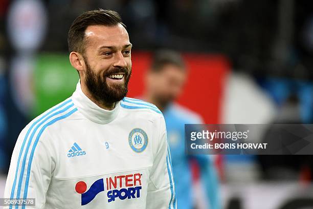 Marseille's Scottish forward Steven Fletcher warms up prior to the French L1 football match between Marseille and Paris-Saint-Germain on February 7,...