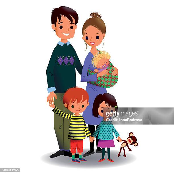 ilustrações de stock, clip art, desenhos animados e ícones de família feliz de cinco. - família biparental