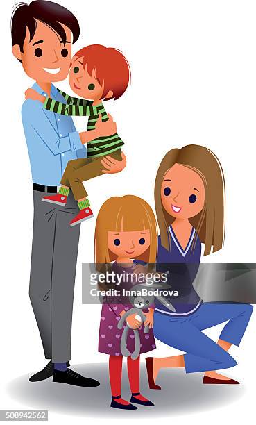illustrations, cliparts, dessins animés et icônes de heureuse famille de quatre personnes. - portrait famille cool