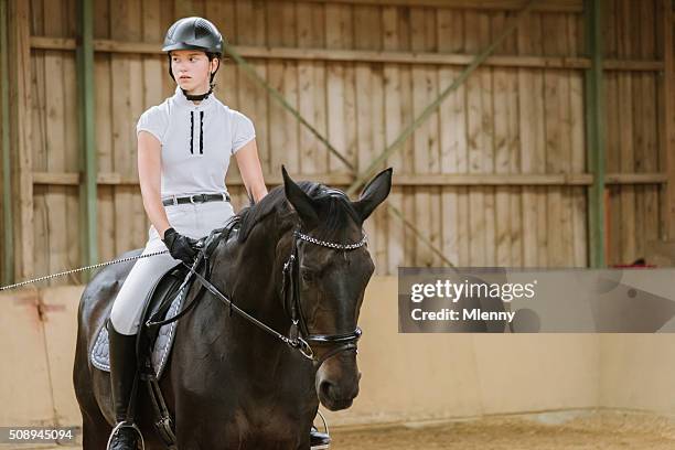 dressage riding teenage girl equestrian hall - dressage stockfoto's en -beelden