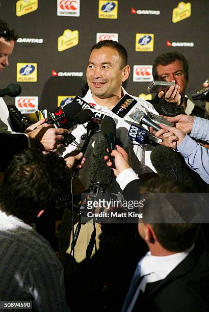Wallaby coach Eddie Jones speaks to the media at the announcement of the 2004 Wallaby squad and ARU International season launch at Luna Park May 25,...