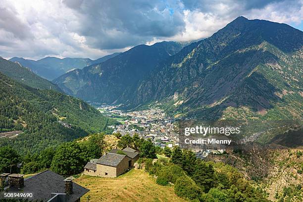 aerial view andorra la vella pyrenees mountains - andorra stock pictures, royalty-free photos & images