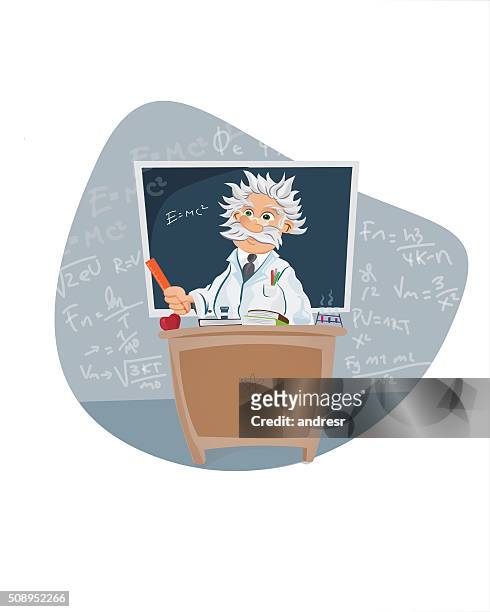 ilustraciones, imágenes clip art, dibujos animados e iconos de stock de científico en un aula - physicist