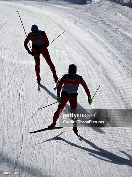 cross-country skiers - cross country skiing tracks stock pictures, royalty-free photos & images