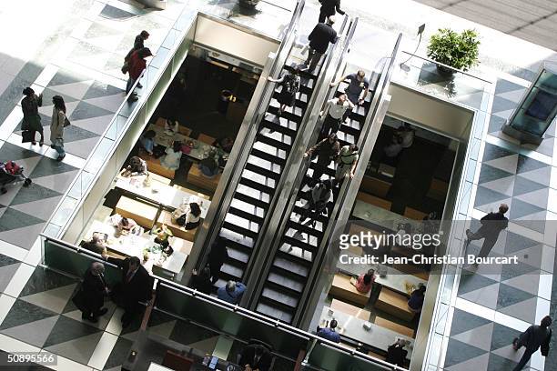 An interior view of the lobby in new Time Warner Building is seen in Columbus Circle behind architect Howard Elkus and developer Ken Himmel April 29,...
