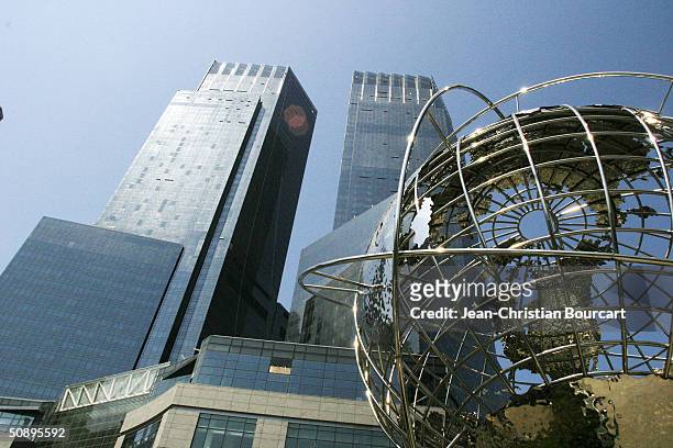 An exterior view of the new Time Warner Building is seen in Columbus Circle April 29, 2004 in the Manhattan borough of New York City. The building...