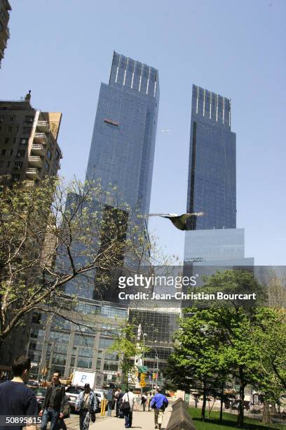 An exterior view of the new Time Warner Building is seen in Columbus Circle April 29, 2004 in the Manhattan borough of New York City. The building...