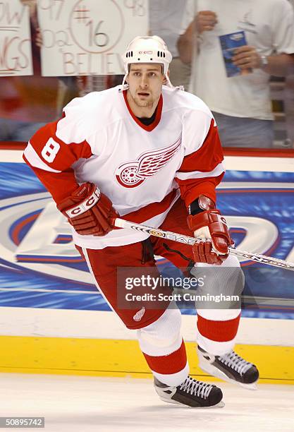 Jiri Fischer of the Detroit Red Wings skates during warmups before Game six of the first round of the Stanley Cup playoffs against the Nashville...