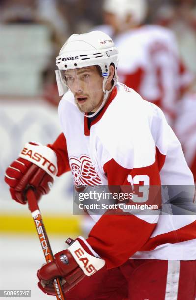 Pavel Datsyuk of the Detroit Red Wings skates during warmups before Game six of the first round of the Stanley Cup playoffs against the Nashville...