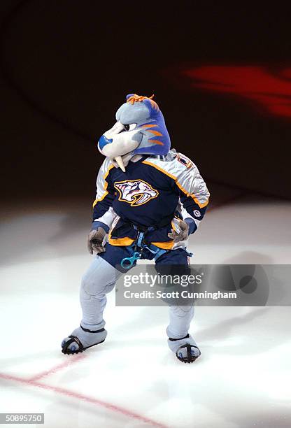 The lovable and fun-loving mascot of the Nashville Predators stands on the ice for player introductions before Game six of the first round of the...