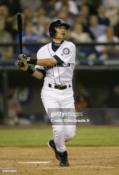 Ichiro Suzuki#51 of the Seattle Mariners bats against the Baltimore Orioles during their game on May 19, 2004 at Safeco Field in Seattle, Washington....