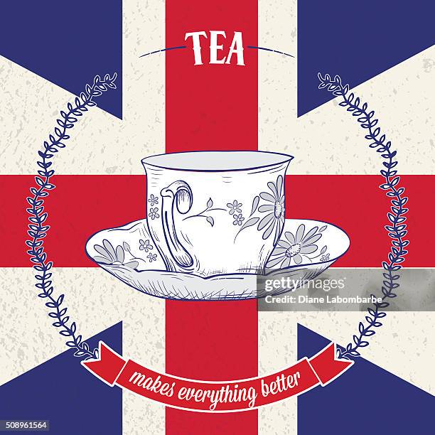 hand drawn tecups and british flag - british tea stock illustrations