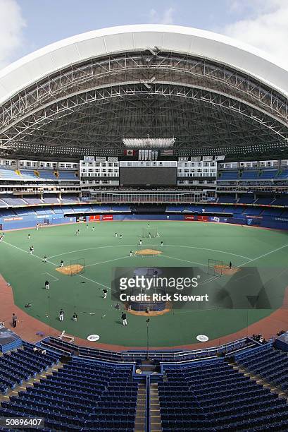 General view of practice for the game between the Boston Red Sox and the Toronto Blue Jays at the Skydome on May 16, 2004 in Toronto, Canada. The...