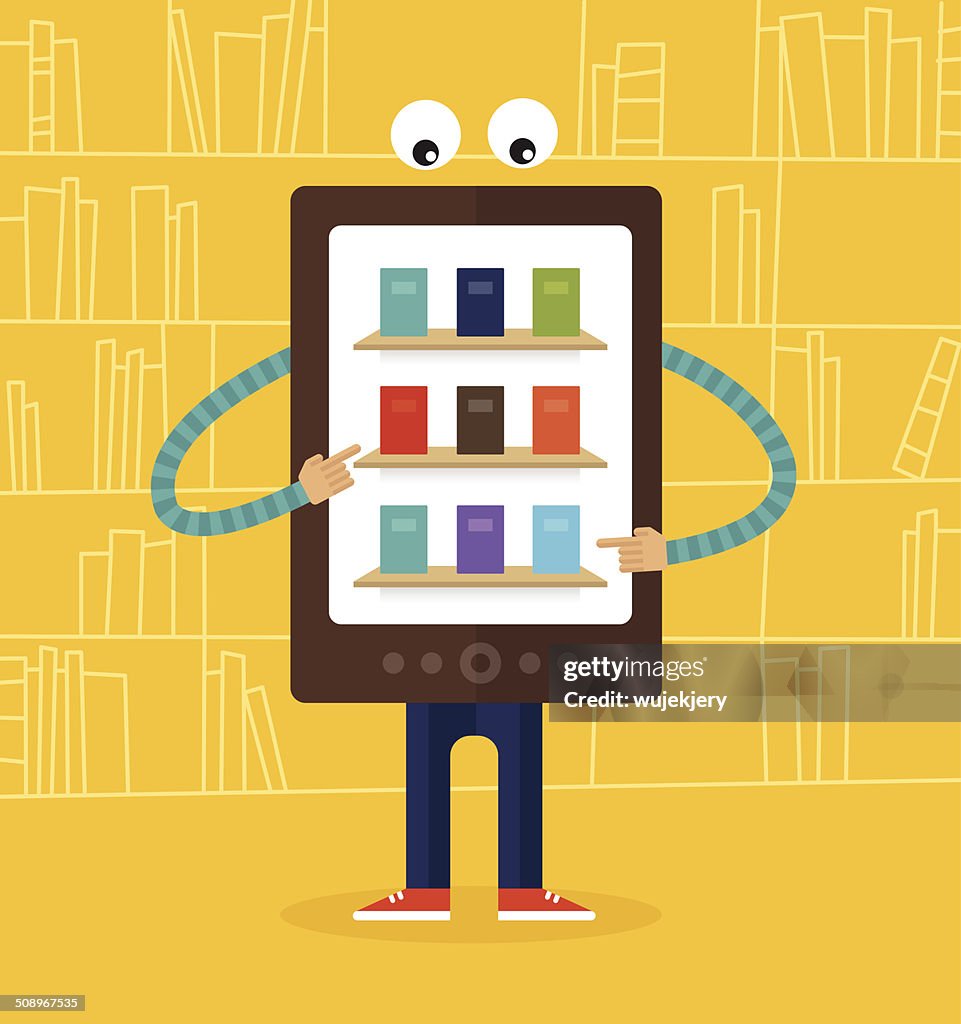 E-reader personagem escolhe o livro.  E-library.