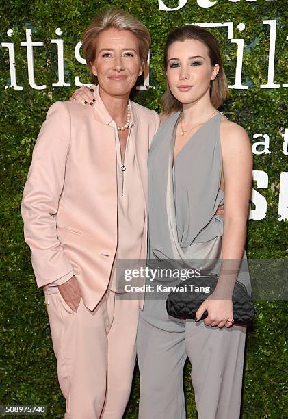 Emma Thompson and daughter Gaia Romilly Wise attend the London Evening Standard British Film Awards at Television Centre on February 7, 2016 in...