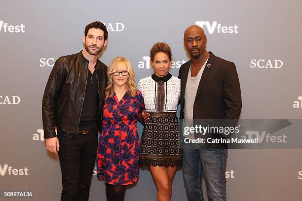 Actor Tom Ellis, Actress Rachael Harris, Actress Lesley-Ann Brandt, and Actor D.B. Woodside attends "Lucifer" event during aTVfest 2016 presented by...